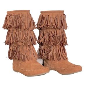NEW! Arizona Jeans Co Tiva Moccasin Boots Suede Fringe Chestnut Brown Size 8